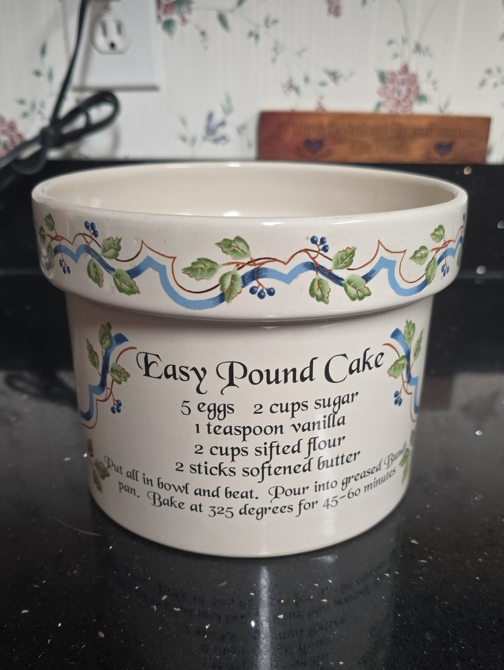 2001 Easy Pound Cake Recipe Ceramic Mixing Bowl - White with Blue & Green Floral